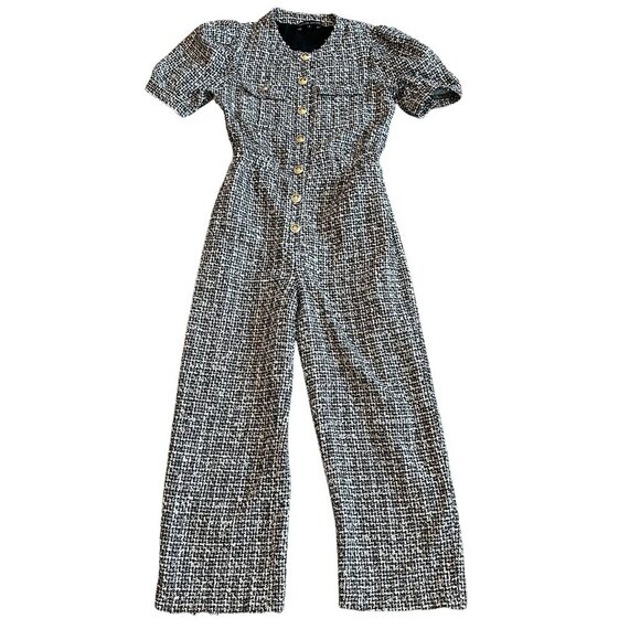 English Factory Short Sleeve Tweed Jumpsuit Cropped Length Gold Size Medium - Picture 1 of 14